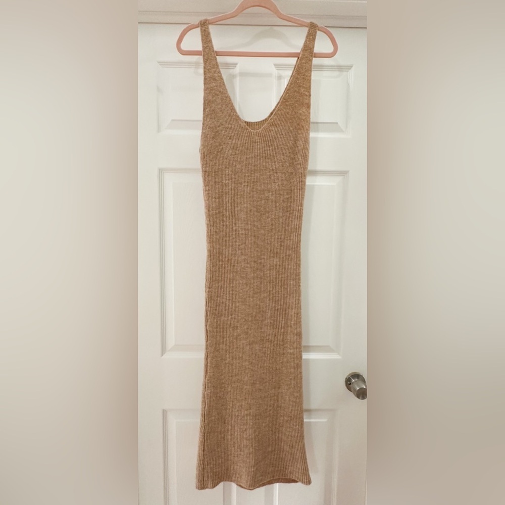 Commense Sleeveless V Neck Sweater Knit Midi Maxi Dress Neutral Brown Tan Small - Picture 3 of 5